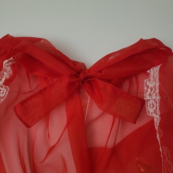 Vintage Sheer Red Apron Lace Waist Tie Bell Pocket Holiday Pin Up Festive USA - Picture 7 of 8